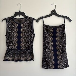 BCBGMAXAZIRA Alonya peplum top and Pavel pencil skirt set, both size S EUC navy